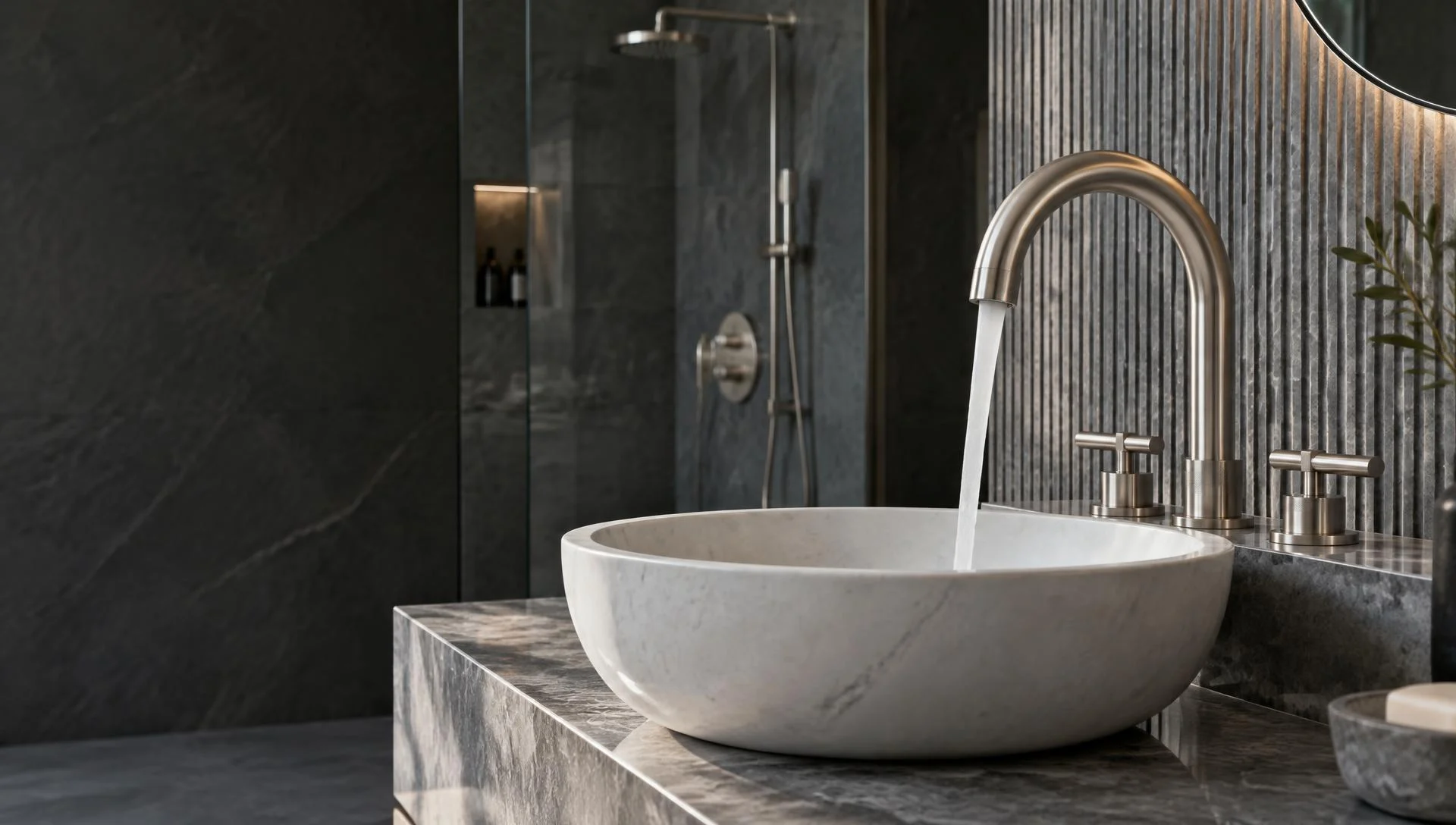 Illustrative silver faucet and flowing water in a luxury bathroom — not a completed Apollo project